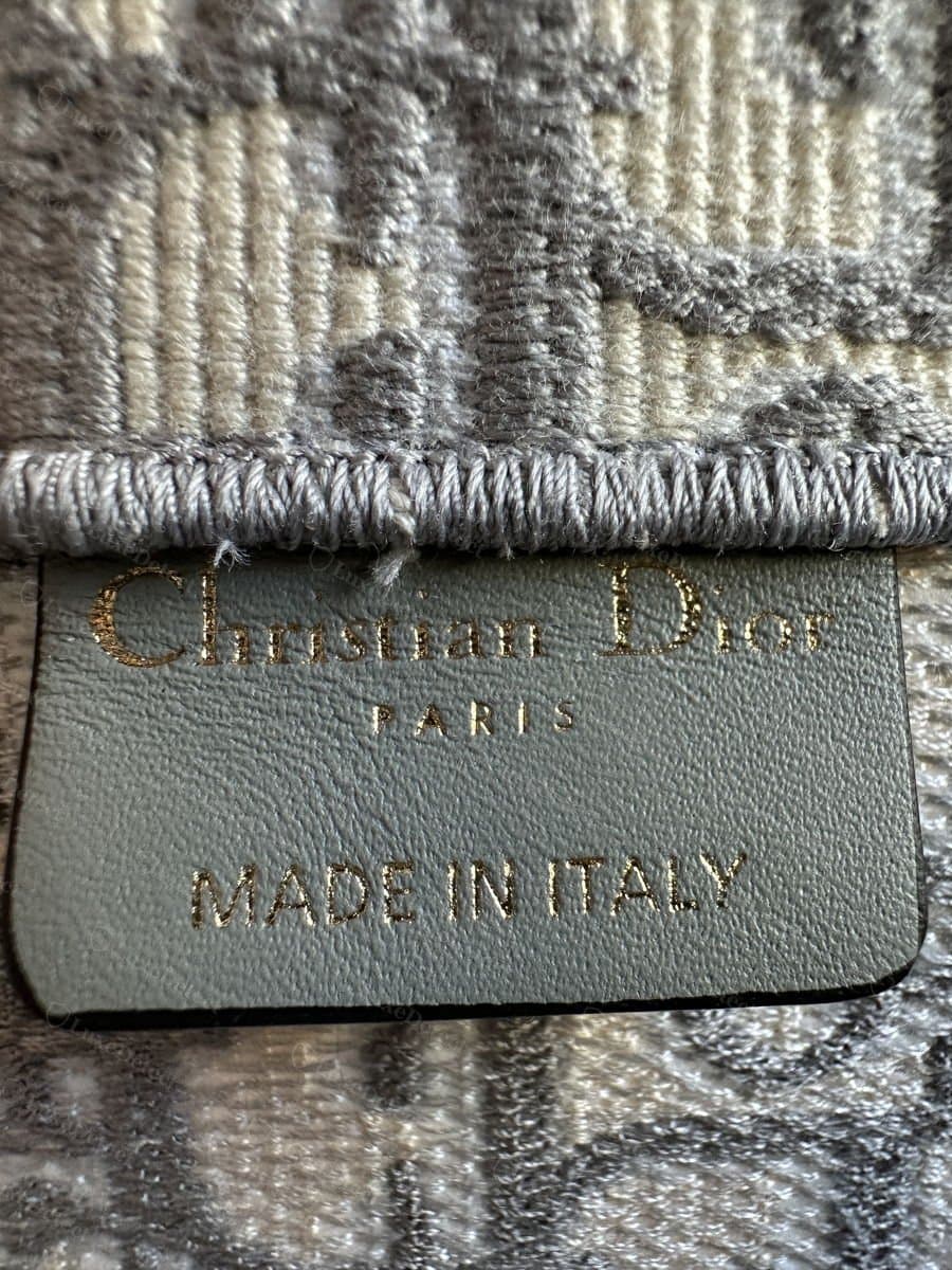 Authentic Book Tote interior leather tag, foil-stamped "Christian Dior PARIS / MADE IN ITALY" stitched into the canvas seam.