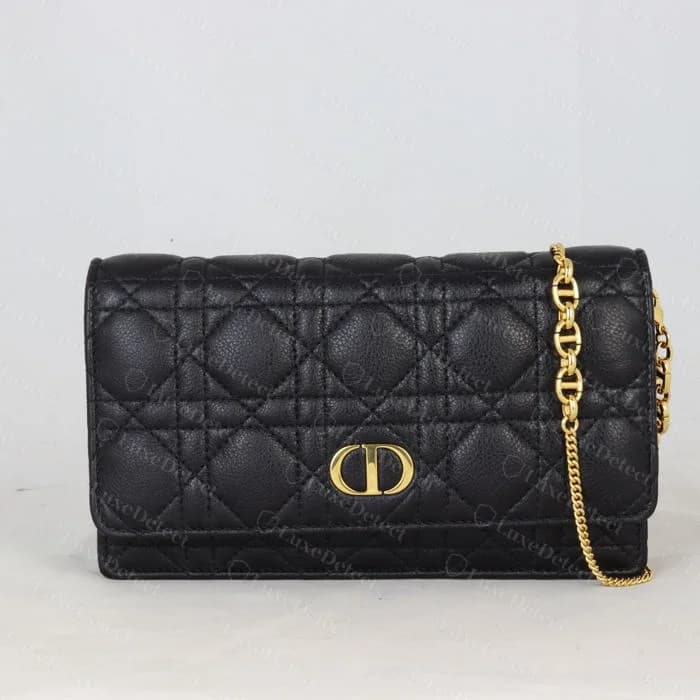 Genuine Caro wallet-on-chain in black macrocannage leather, same CD turn-lock and quilting scale as the full-size bag