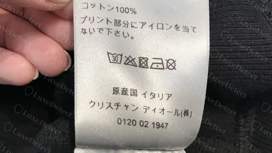 Genuine Dior Japanese label: 100% cotton, care icons, origin Italy and the Christian Dior KK phone number