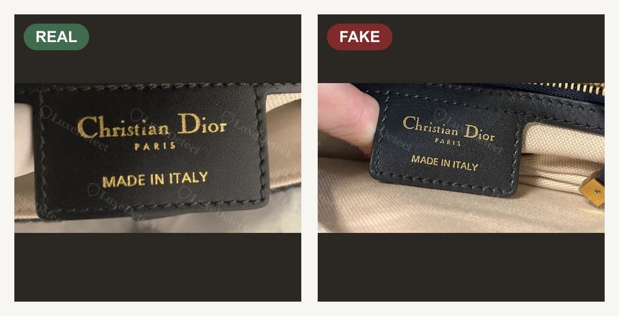 Links echt: Innenstempel „Christian Dior PARIS“ in Goldfolie, gleichmäßiger Buchstabenabstand, „MADE IN ITALY“ sauber darunter. Rechts Fälschung: Innenstempel, dessen Schrift und Layout so nah kopiert sind, dass der Stempel allein die Frage nicht entscheidet.