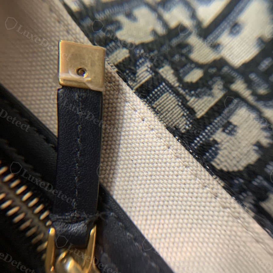 Authentic Oblique canvas at a seam: the diagonal CD motif carries through cleanly where canvas meets the leather trim and zipper pull