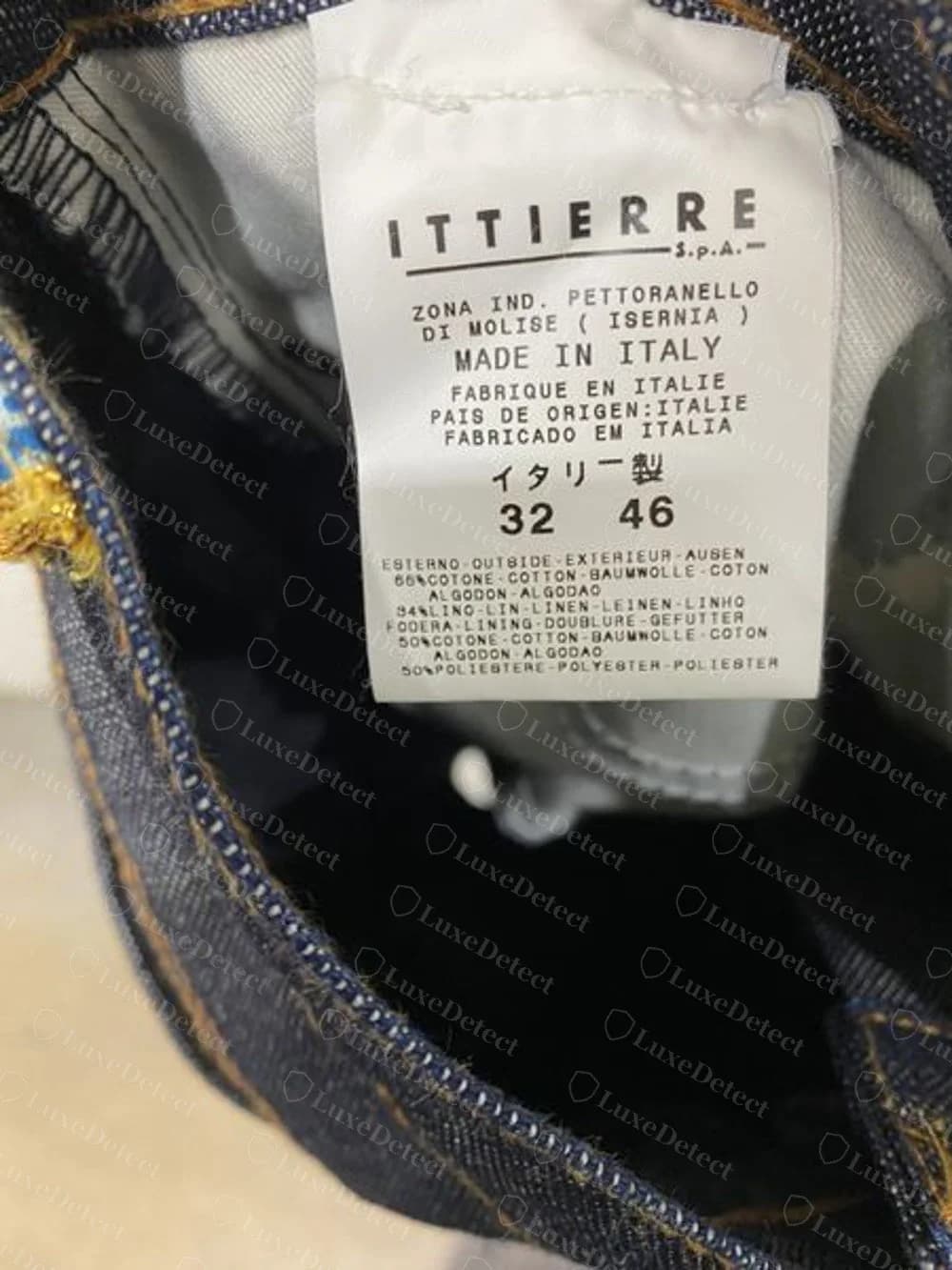Genuine Ittierre S.p.A. care label inside D&G jeans: Pettoranello di Molise (Isernia), Made in Italy in four languages plus Japanese, and fibre content in five languages