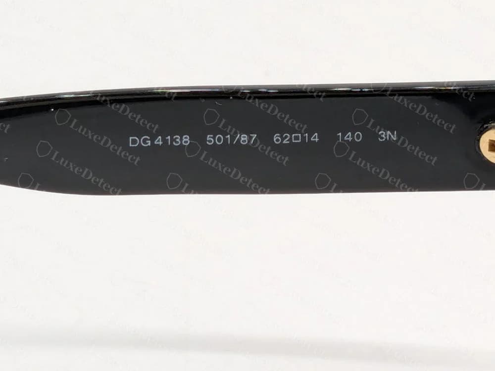 Genuine DG4138 model line: model number, colour code 501/87, size 62 square 14, temple length 140 and lens category 3N, evenly spaced
