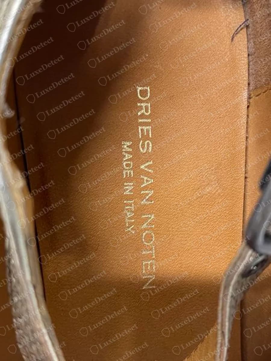 Genuine Dries Van Noten tan leather insole with DRIES VAN NOTEN and a smaller MADE IN ITALY line printed in gold along the length of the insole