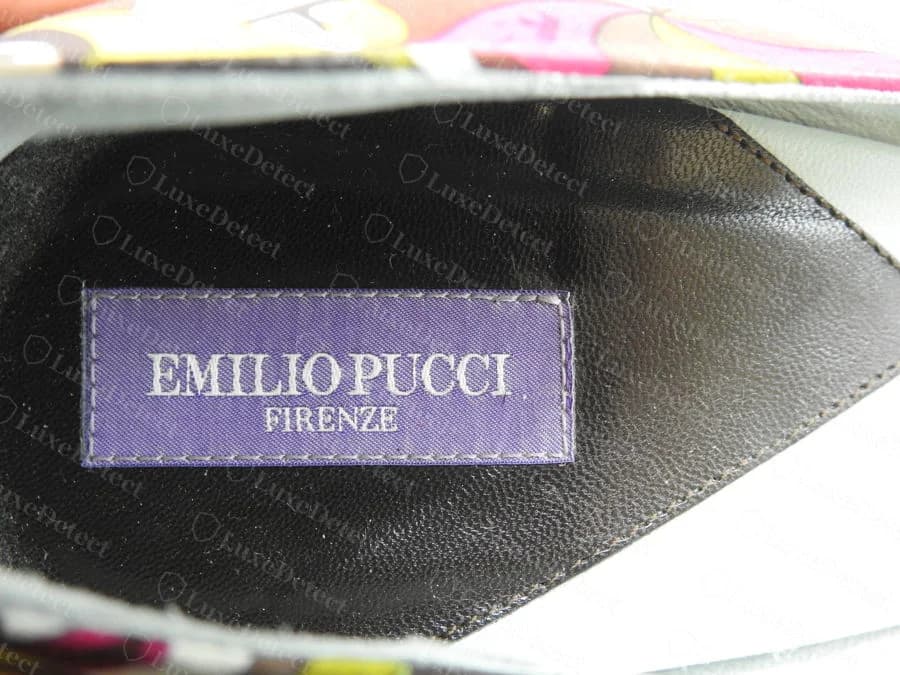 Genuine Emilio Pucci purple woven insole label reading "EMILIO PUCCI FIRENZE" inside a printed satin pump