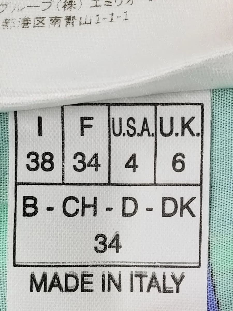 Genuine Emilio Pucci printed size label with a grid showing I 38, F 34, U.S.A. 4, U.K. 6, B-CH-D-DK 34 and the words MADE IN ITALY