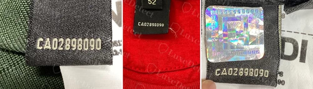 Three different counterfeit Fendi pieces, green, red and black, all printed with the identical number CA02898090