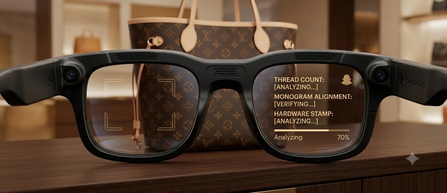 First-person view through Snap Specs AR glasses during luxury item authentication