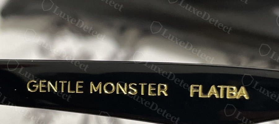 Fake Gentle Monster temple text: the same model name, printed with visibly looser letter spacing.