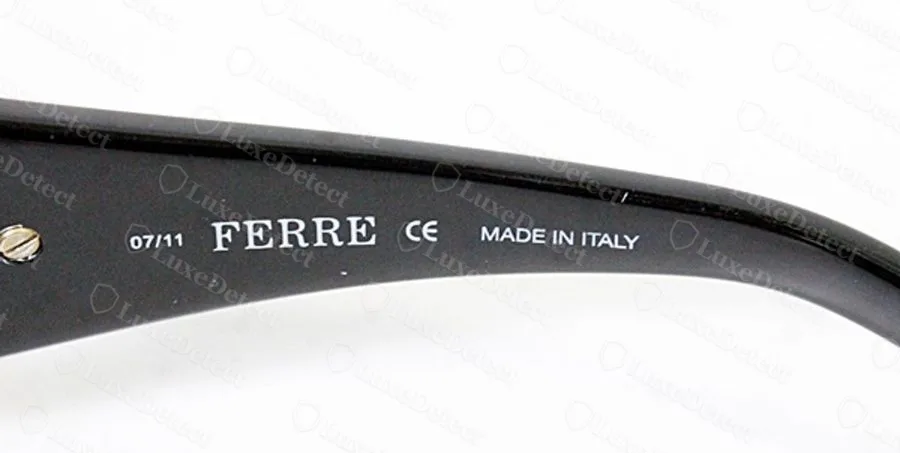 Genuine Ferré sunglasses inner temple printed 07/11 FERRE CE MADE IN ITALY in white on a black acetate frame