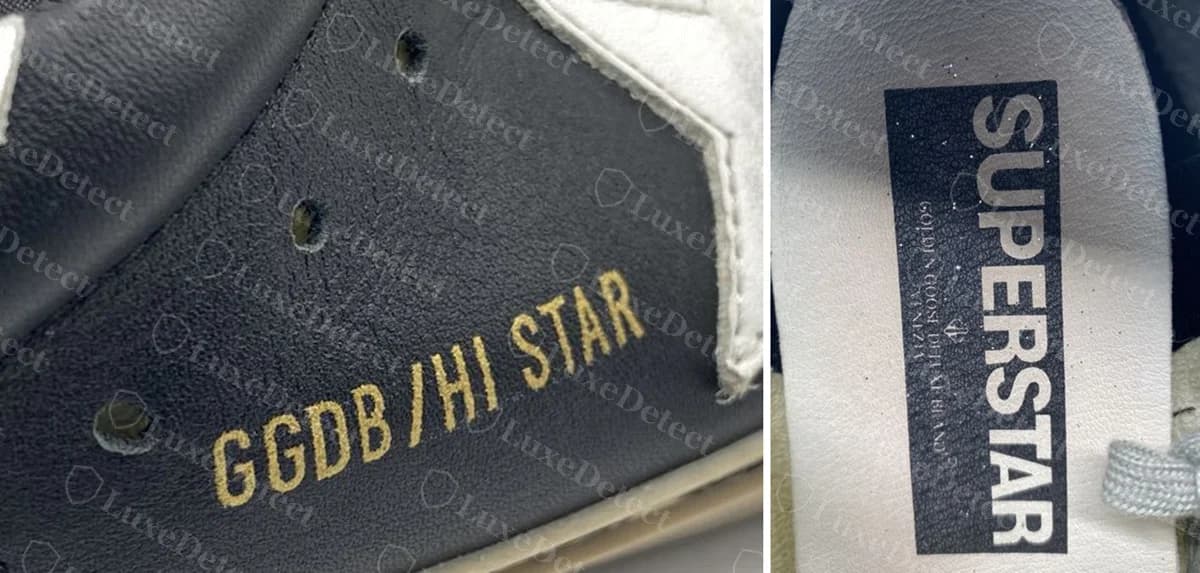 Golden Goose contraffatta con soletta non corrispondente: il quartiere riporta “GGDB/HI STAR” (a sinistra) ma la soletta della stessa scarpa è stampata “SUPERSTAR” (a destra)