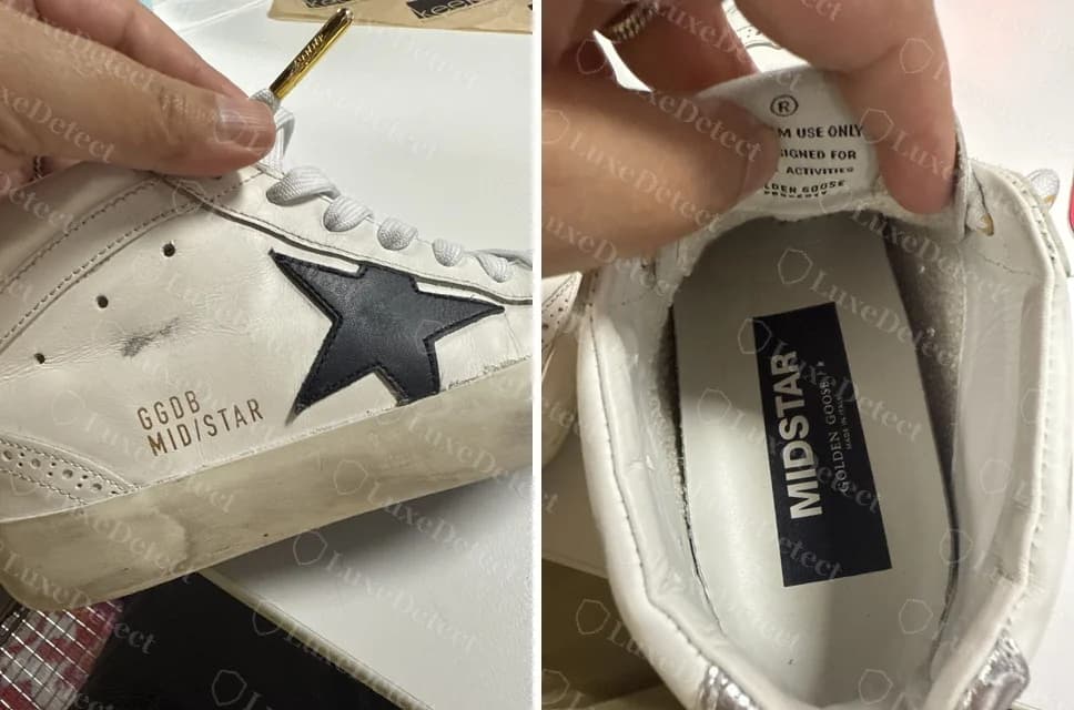 Golden Goose originale con soletta corrispondente: il quartiere riporta “GGDB MID/STAR” (a sinistra) e la soletta della stessa scarpa riporta “MIDSTAR” (a destra)