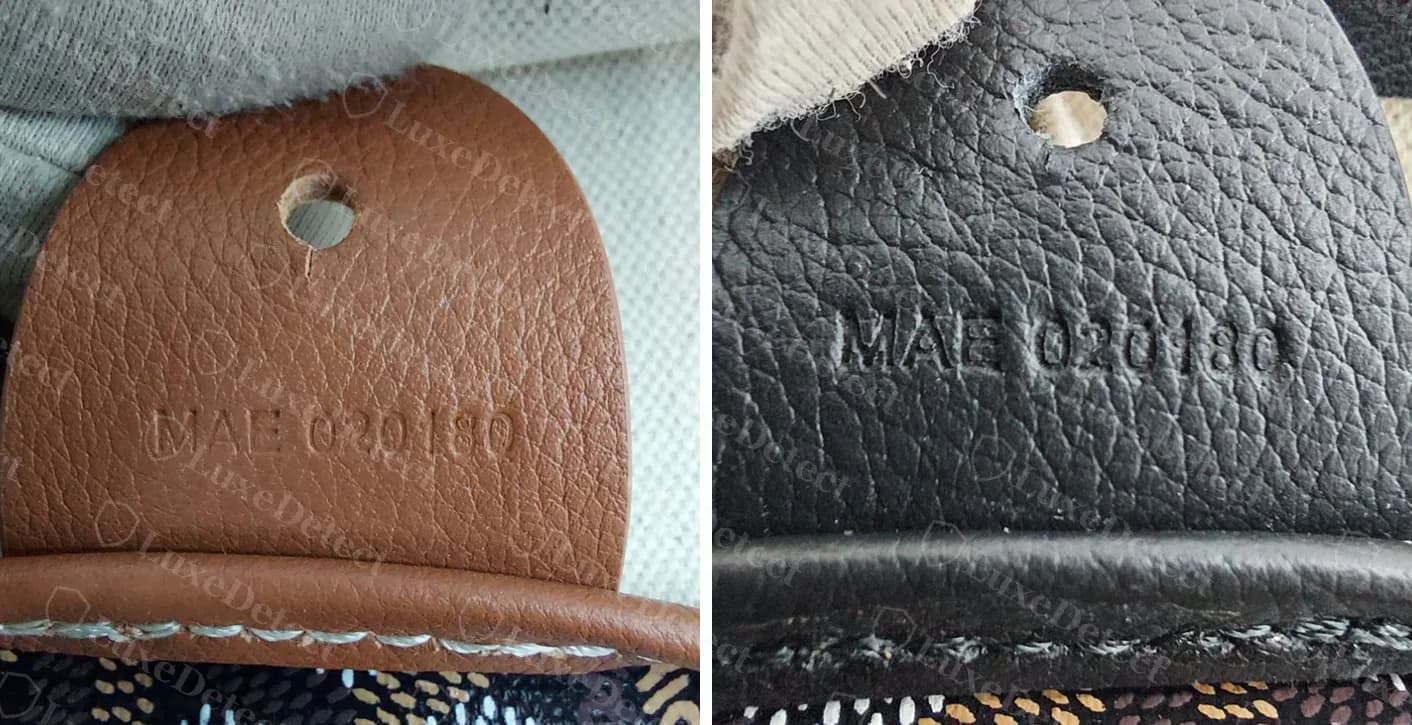 Left: genuine Goyard Artois tab stamped MAE 020180. Right: a counterfeit Artois tab stamped with the same code MAE 020180