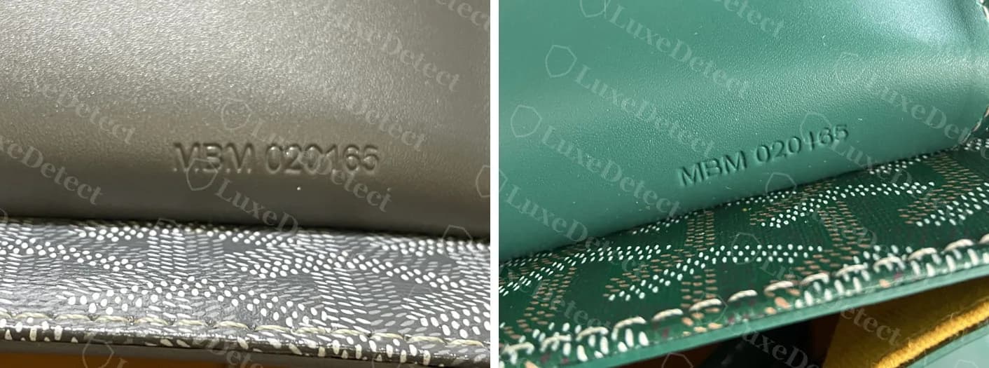 Two different counterfeit Goyard Saigons, one grey and one green, both heat-stamped with the same code MBM 020165