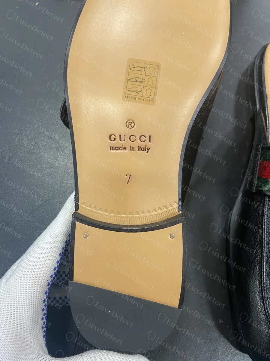 Authentic Gucci Princetown outsole heat stamp: "GUCCI" over "made in italy" in lower case with normal word spacing, plus the leather-care icon grid and size