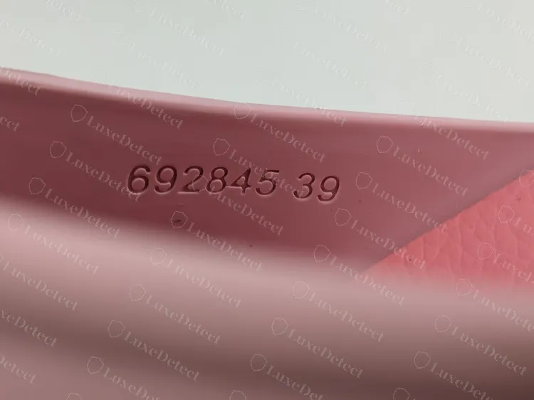 Genuine Interlocking G platform slide: 692845 and the size pressed into the underside of the strap