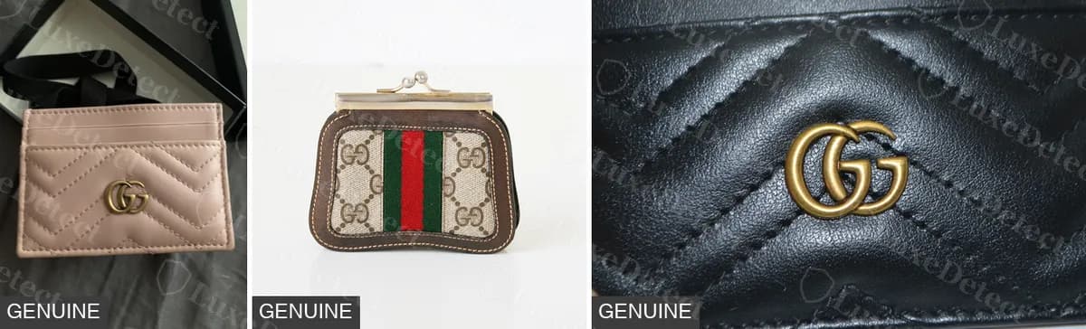 Tarjetero y monedero originales: un tarjetero Marmont acolchado, un monedero vintage de boquilla con franja Web y un primer plano de la doble G de la Marmont