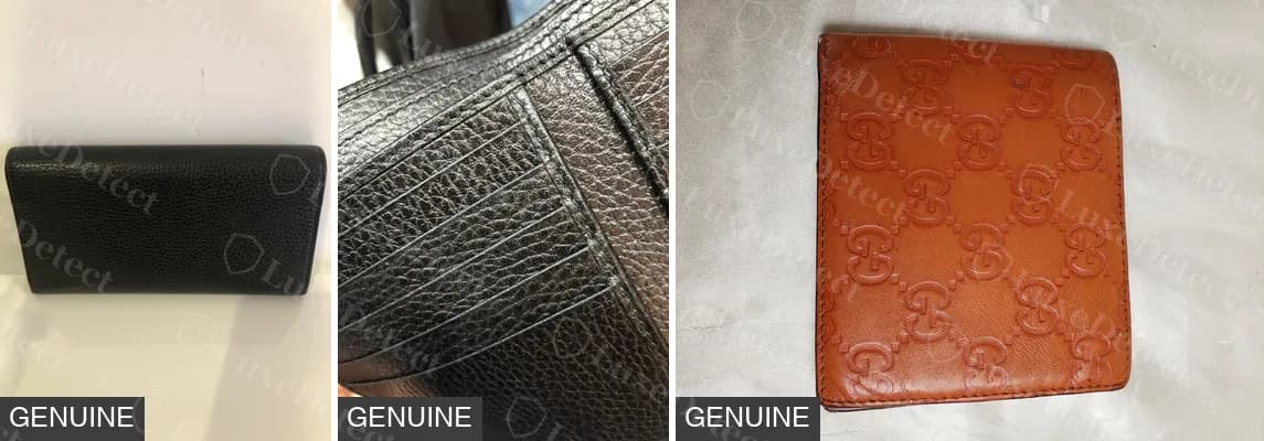 Echte Gucci-Geldbörsen: ein genarbtes schwarzes Continental von hinten, die Kartenfächer eines schwarzen Bifolds und ein oranges Guccissima-Bifold