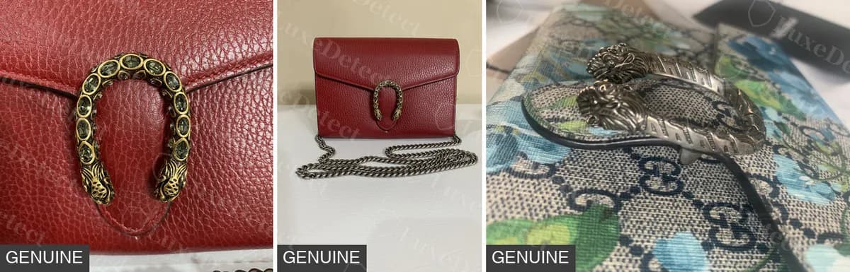 Echte Dionysus-Kettenbörsen: eine rote Ledergeldbörse mit Tigerkopf-Verschluss, dieselbe Geldbörse an ihrer Kette und eine GG-Blooms-Version
