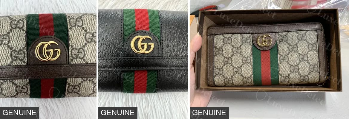 Carteras Ophidia originales: una cartera continental de lona, una cartera continental de piel negra y una cartera con cierre perimetral en su caja
