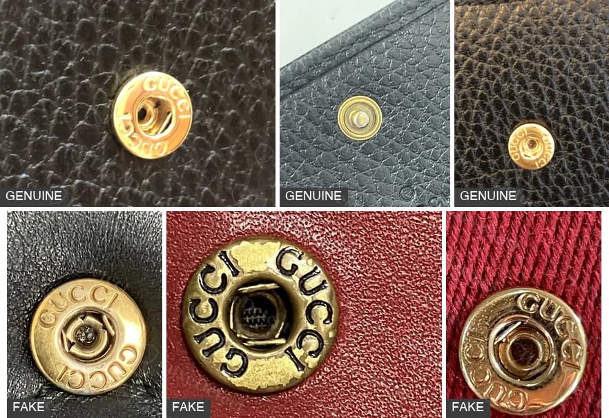 Gros plans de boutons-pression : trois boutons authentiques (en haut ; seul le premier montre nettement le lettrage GUCCI) et trois faux (en bas), qui copient le lettrage du pourtour