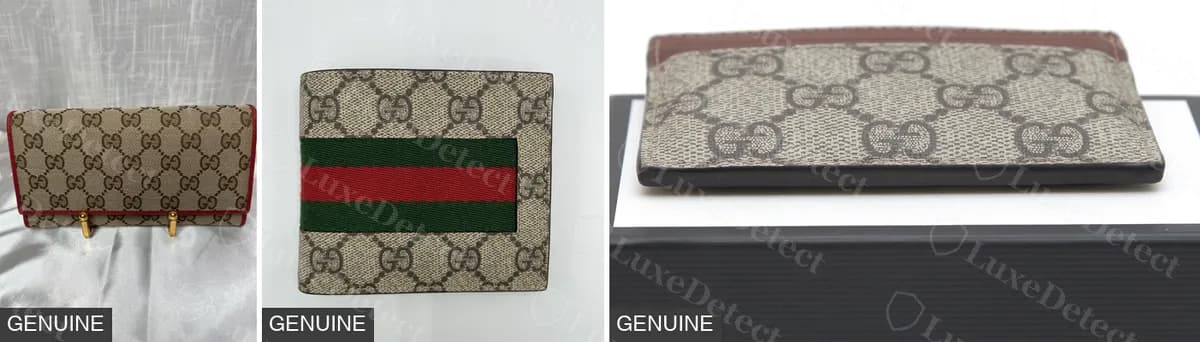 Carteras de lona originales: una cartera continental antigua de lona GG tejida con ribete rojo (izquierda), una cartera plegable GG Supreme con franja Web (centro) y el borde de un tarjetero GG Supreme (derecha)