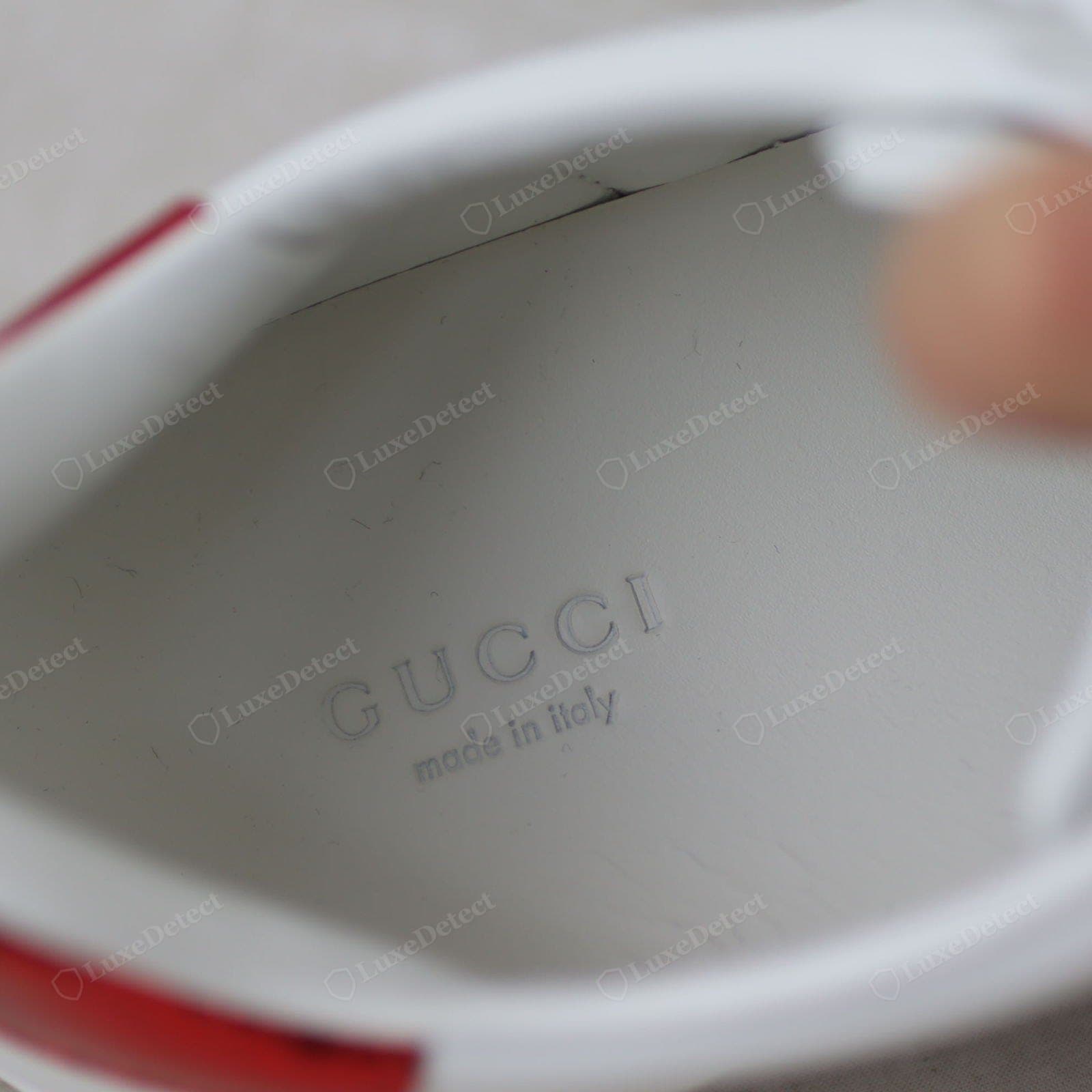 Genuine Gucci Ace insole — crisp GUCCI / GG logo / made in Italy print, exact logo geometry, centred, glued flat