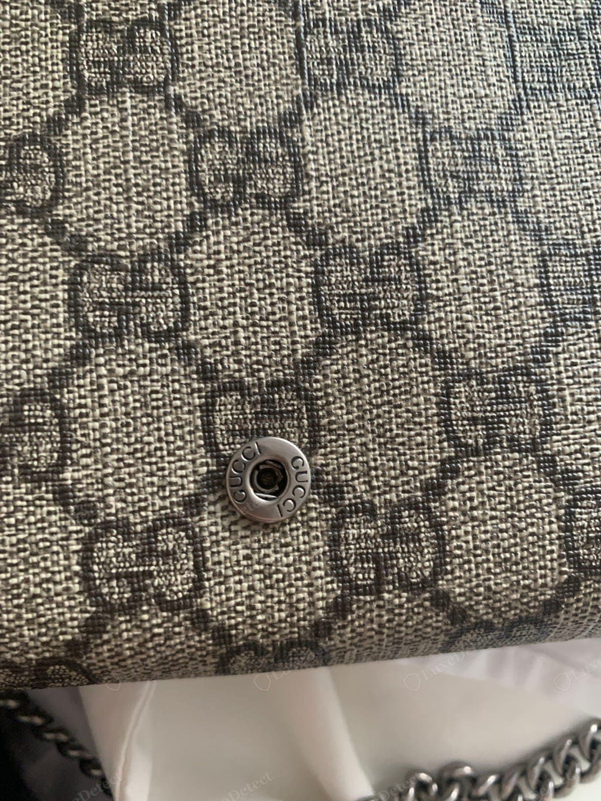 GG Supreme authentique sur un Dionysus : une toile lisse à l'enduction serrée, les motifs à double G entrelacés imprimés nettement et régulièrement espacés en beige doux et ébène, presque aucun tissage apparent, à côté d'un bouton-pression gravé « GUCCI »