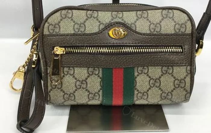 Front view of a GG Supreme canvas mini bag in the Ophidia silhouette — for comparison against the genuine proportions and stitching described above, examine this specific listing's canvas coating and interior tag rather than relying on silhouette alone