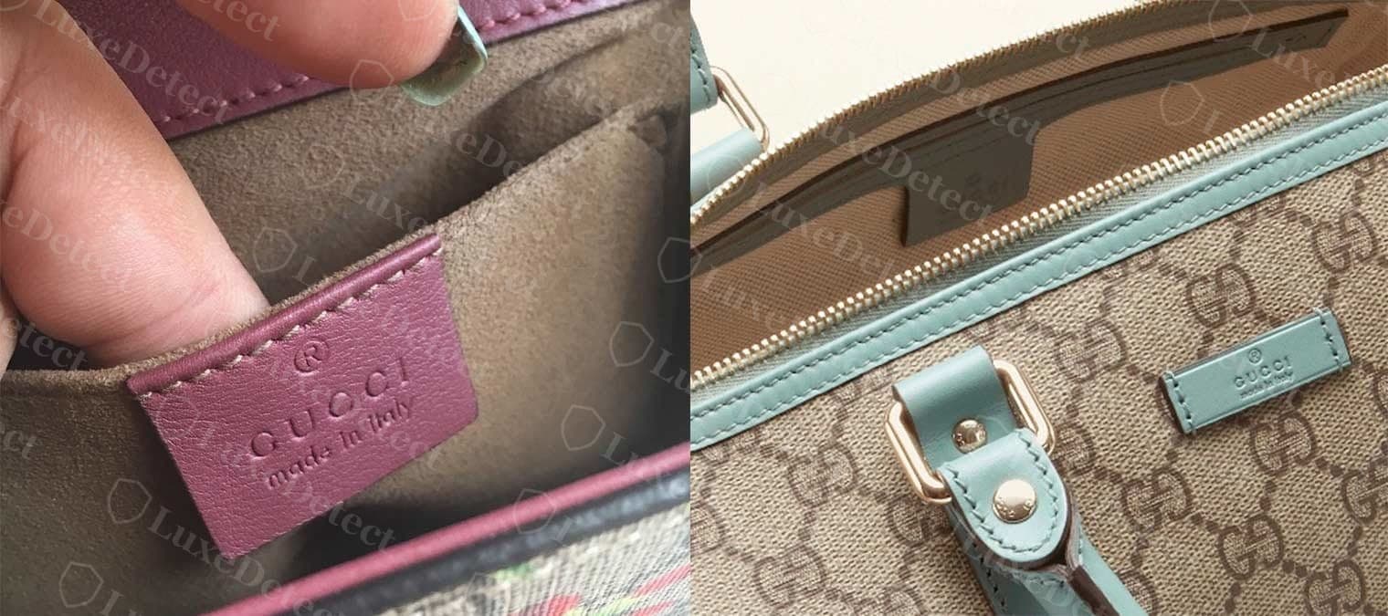 Echtes inneres Gucci-Lederetikett: ® GUCCI made in Italy, gleichmäßig geprägt und mittig