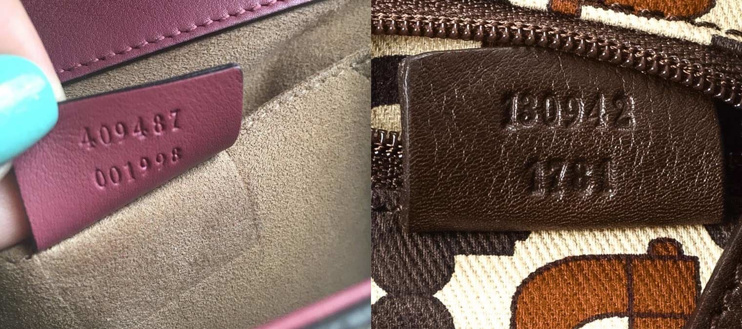 Authentic Gucci serial number tags — two-row code embossed on the reverse of the leather tab