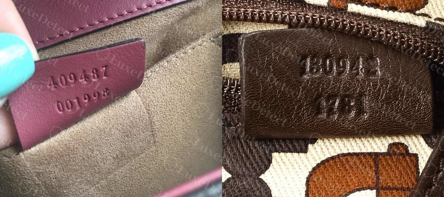 Echte Gucci-Seriennummernetiketten: zweizeiliger Code, auf der Rückseite des Lederetiketts geprägt
