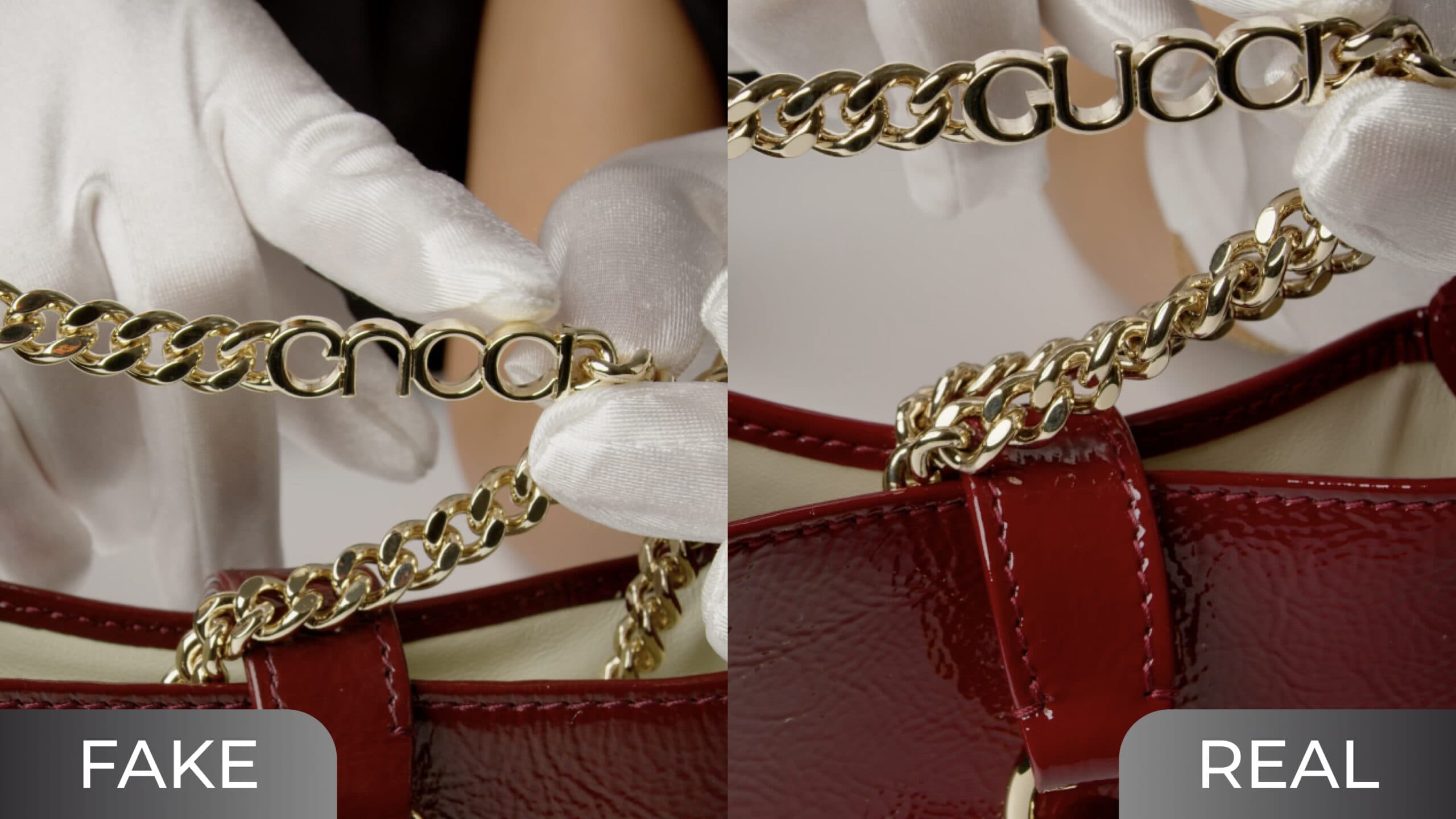 Gucci Jackie chain strap wordmark — fake shows garbled, illegible lettering (left) vs authentic chain with correctly formed GUCCI lettering (right)