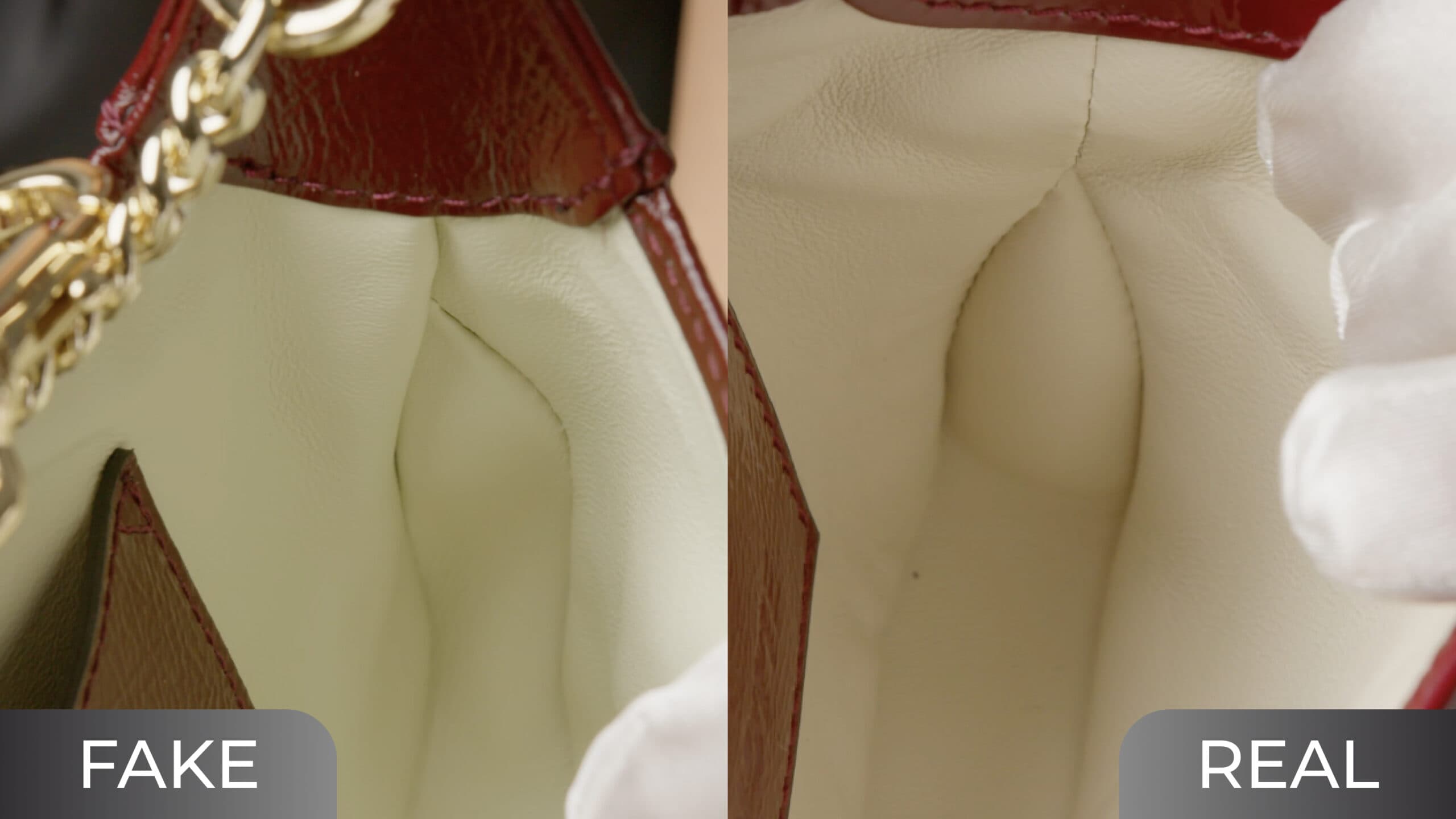 Gucci Jackie interior seam construction — fake shows visible bulk and uneven fold at the gusset seam (left) vs authentic clean, flat seam construction (right)