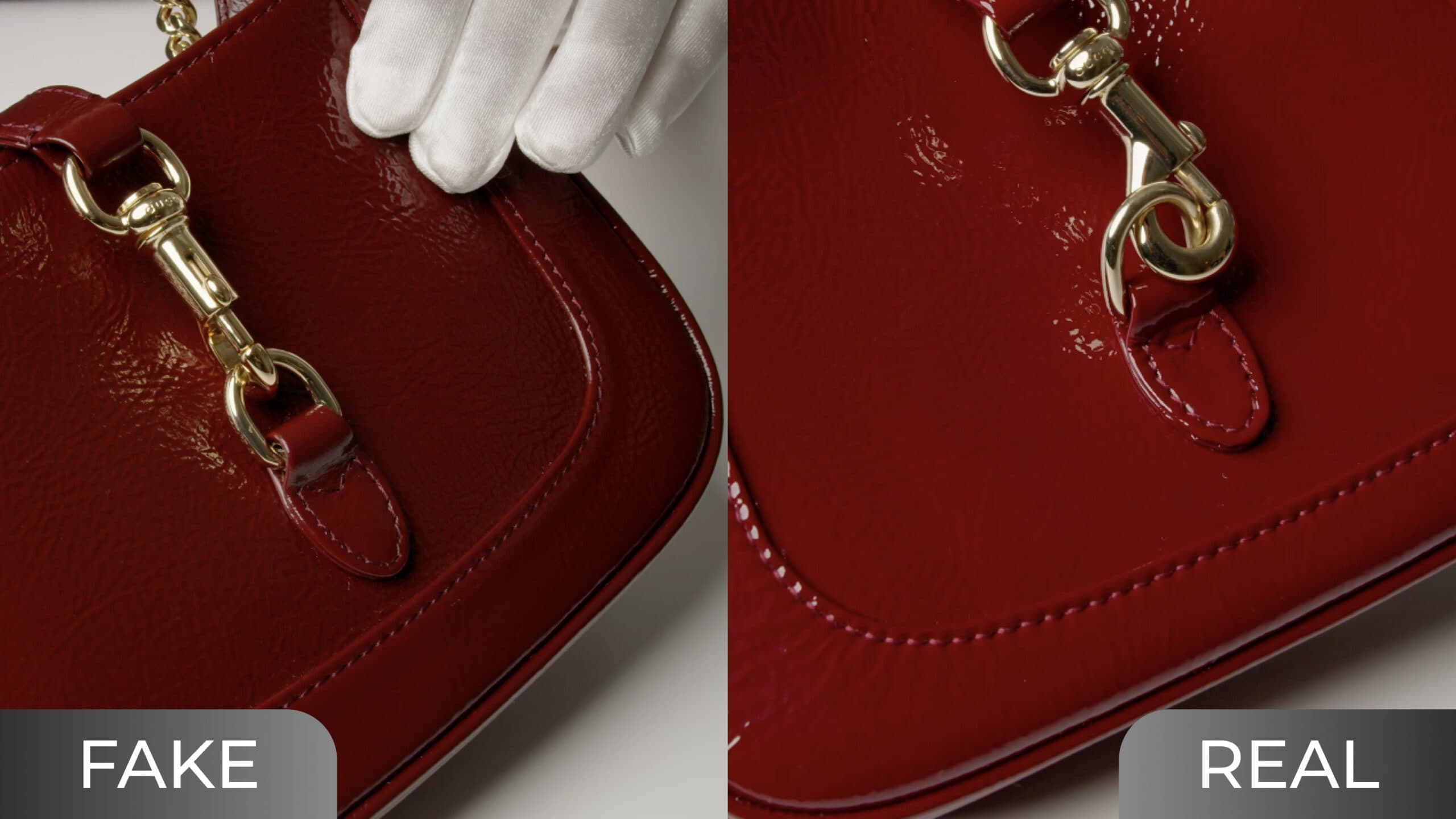 Gucci Jackie panel finish — fake shows duller leather sheen and less defined edge stitching (left) vs authentic bag with deep gloss and precise stitching (right)
