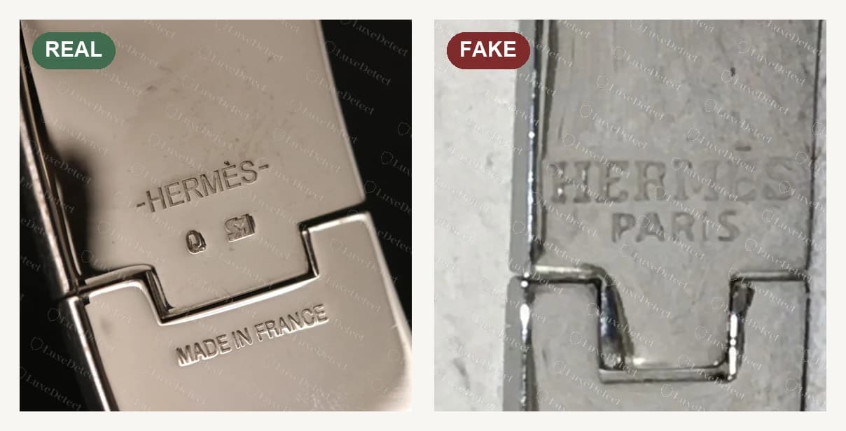 A la izquierda, original: el sello de un cierre Clic Clac genuino de color plateado, -HERMÈS- sobre dos pequeñas marcas, con MADE IN FRANCE en la otra mitad. A la derecha, falsificación: la misma pieza en una falsificación, HERMÈS sobre una línea PARIS sin marcas debajo.