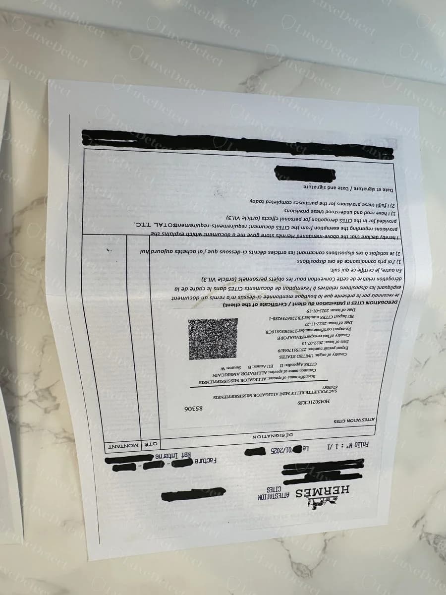 A Hermès CITES attestation for personal effects, referencing a specific alligator model and export permit number