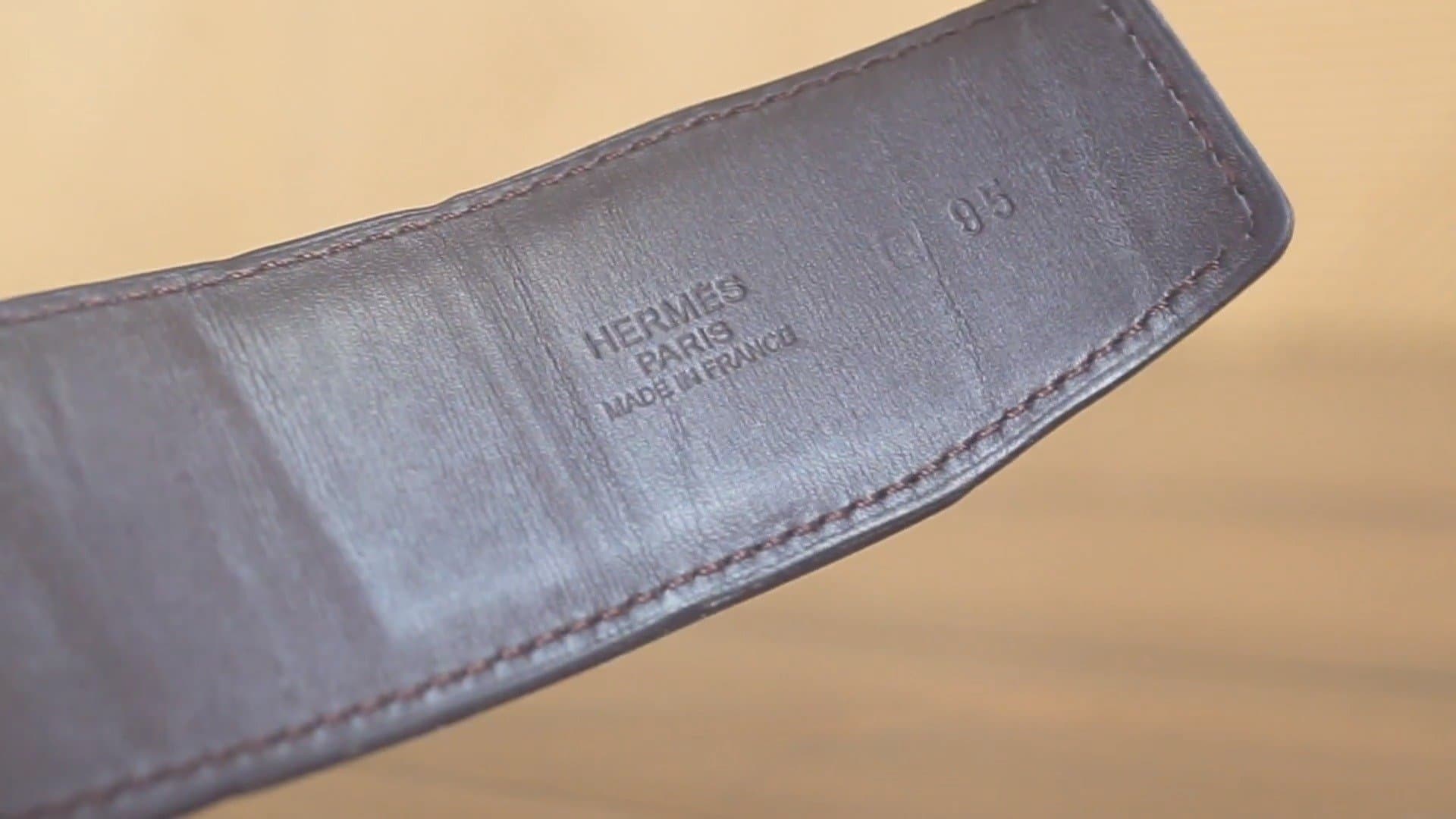 Authentic belt end stamps — "HERMÈS PARIS MADE IN FRANCE" with year code letter and size in centimetres