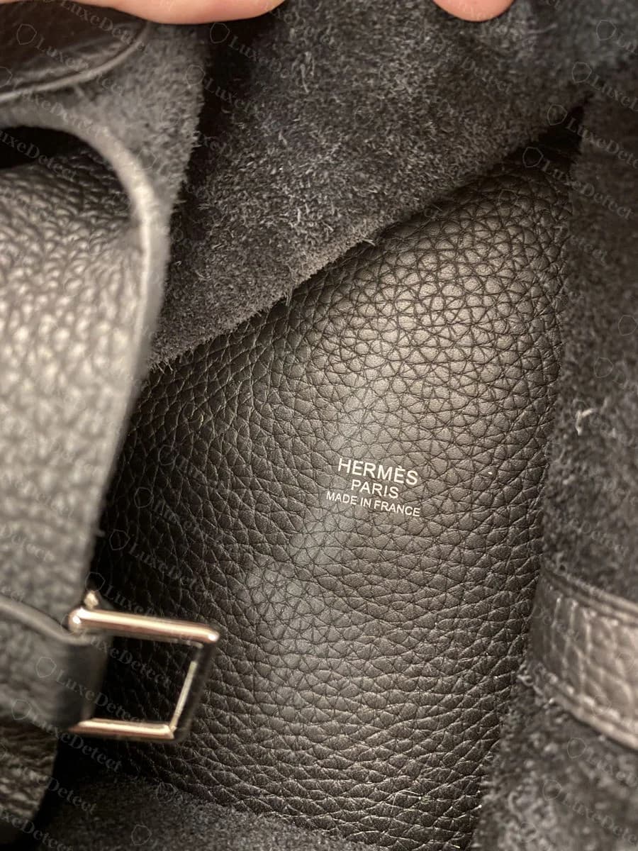 Genuine Hermès Picotin blind stamp reading "HERMÈS PARIS MADE IN FRANCE," evenly debossed and centred on the interior leather gusset