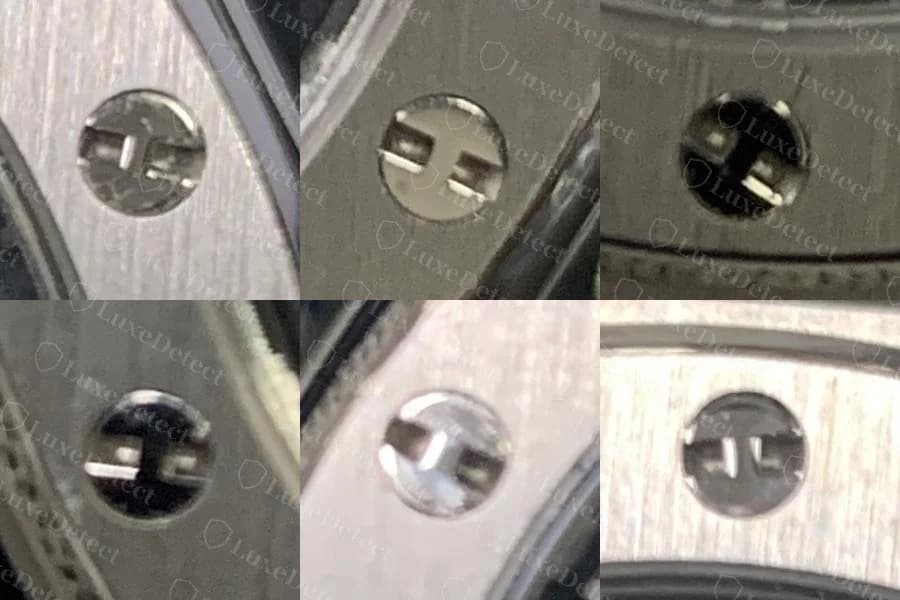 Primer plano de los seis tornillos del bisel de ese mismo reloj original: cada uno tiene un hueco nítido en forma de H, y están a seis ángulos distintos