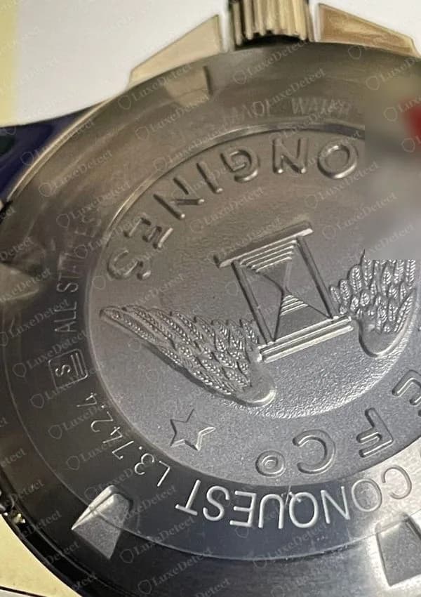 Genuine Longines HydroConquest caseback with an engraved winged hourglass, LONGINES lettering around the top, an EFCo ring and HYDRO CONQUEST with a reference in the L3 format around the lower edge