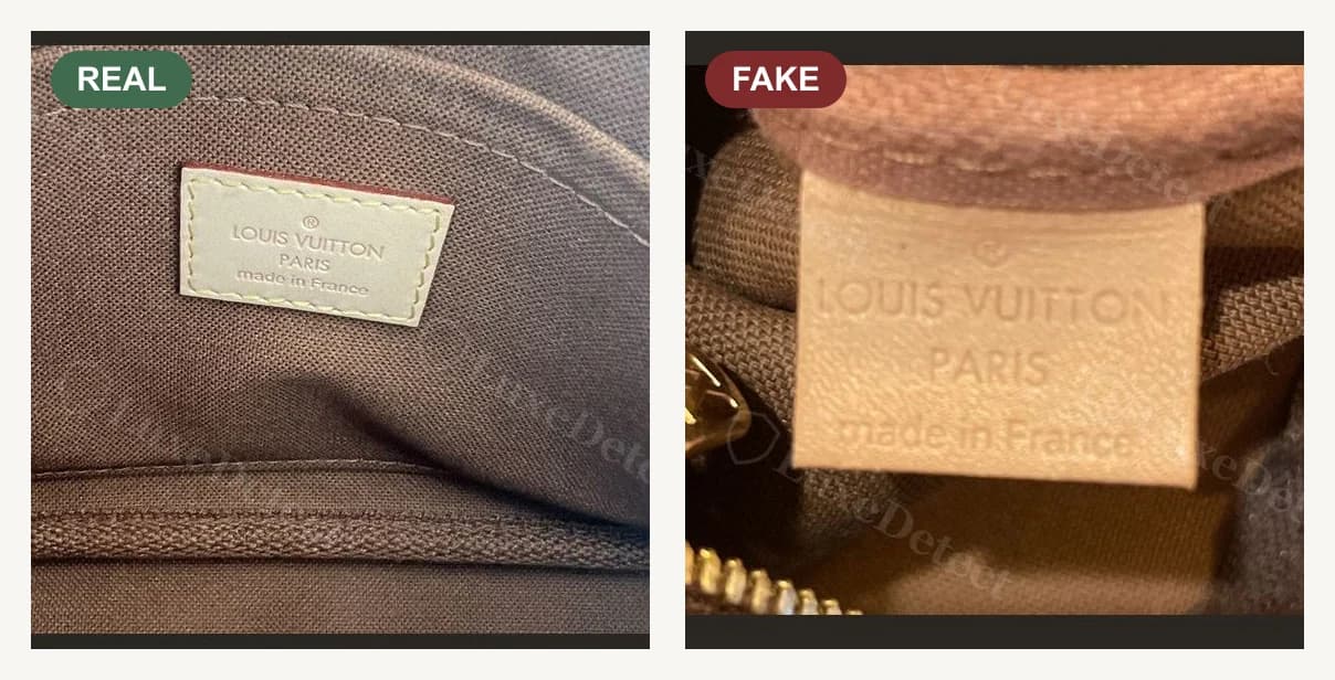 À gauche, authentique : étiquette en cuir LV intérieure sur la grande pochette d'une Multi Pochette authentique, embossage plus léger, cousue dans une languette rectangulaire fine sur une doublure sombre. À droite, contrefaite : étiquette en cuir LV intérieure sur une Multi Pochette contrefaite, languette rectangulaire comparable et profondeur d'embossage comparable, assez proches pour que ce contrôle ne doive jamais être le seul que vous faites.