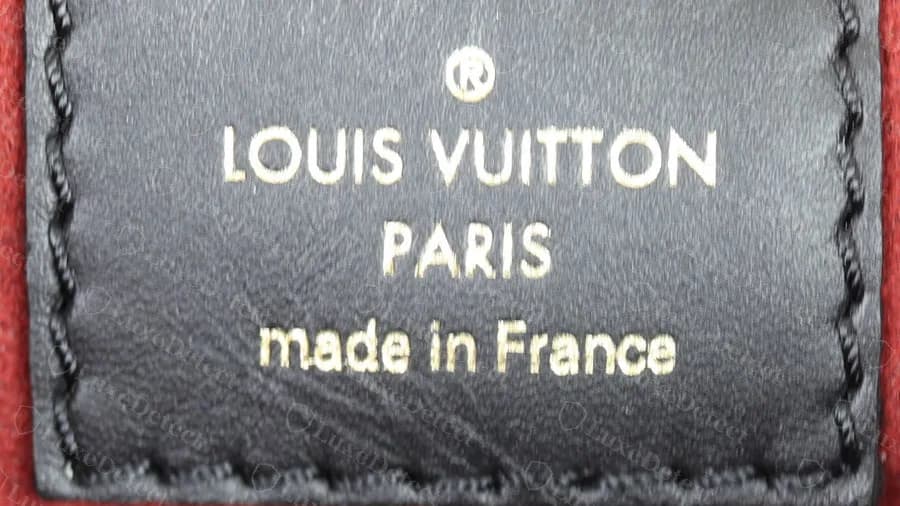 Genuine Neonoe interior patch on a red-lined bag: a black leather label stitched in place reading LOUIS VUITTON PARIS made in France