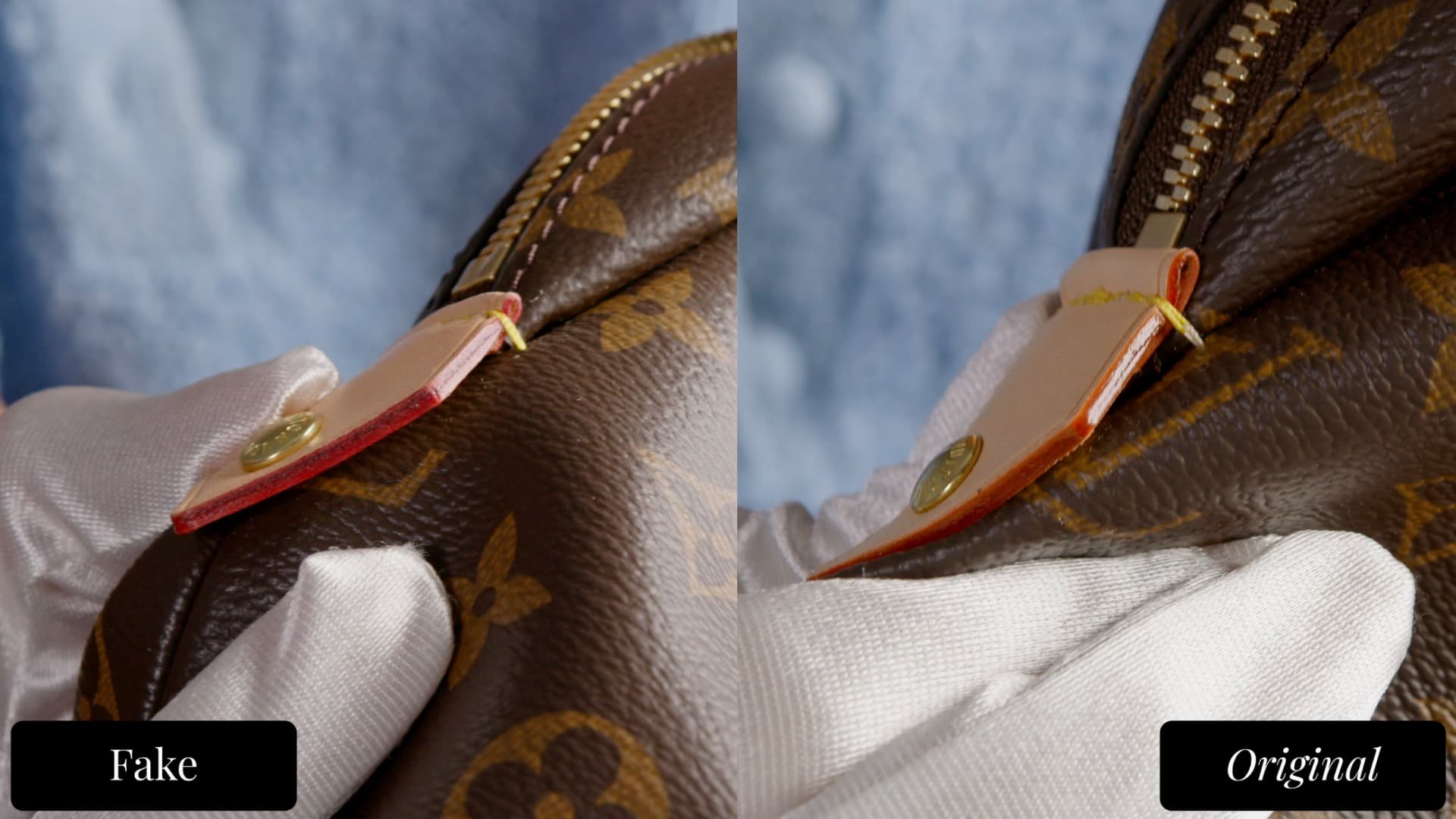 LV zipper pull tab edge paint — fake shows an incorrect red/raw edge tone (left) vs authentic honey-tan edge paint matching the vachetta leather (right)