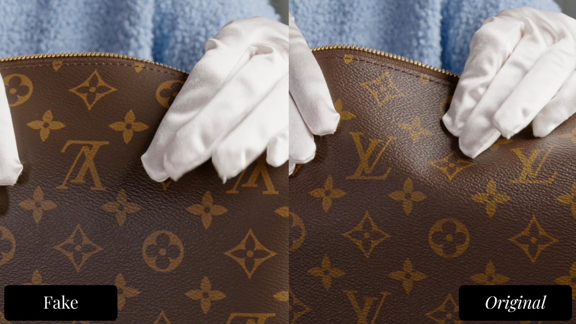 LV monogram canvas comparison — fake shows distorted, stretched lettering (left) vs authentic canvas with correctly proportioned LV monogram (right)