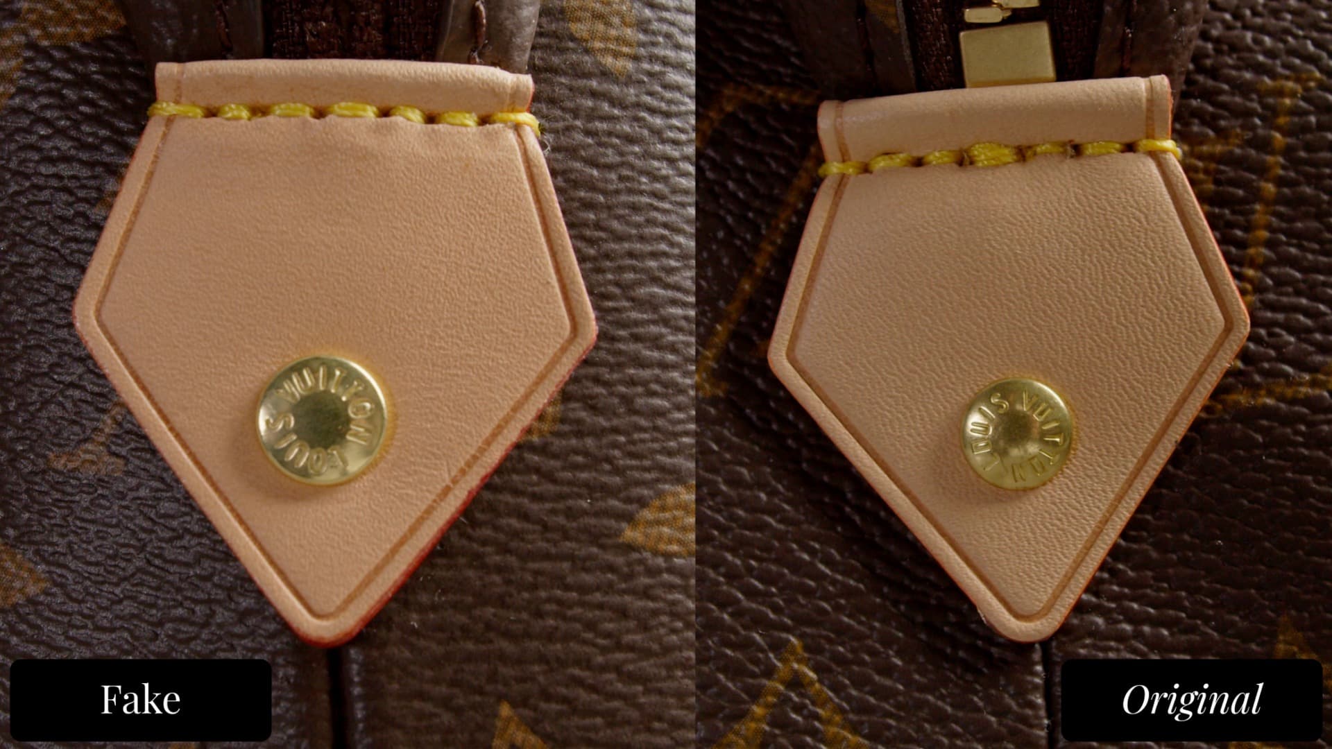 LV vachetta leather tab with LOUIS VUITTON snap button — comparing fake and authentic stamping and stitching quality