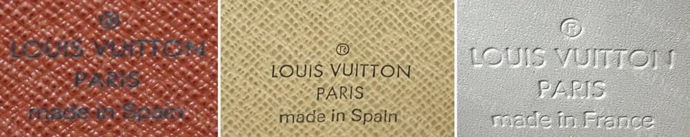 Trois estampilles de Zippy authentiques selon la doublure — encre foncée sur Monogram brun (made in Spain), encre grise sur Damier Azur crème (made in Spain), à blanc sur Vernis (made in France)