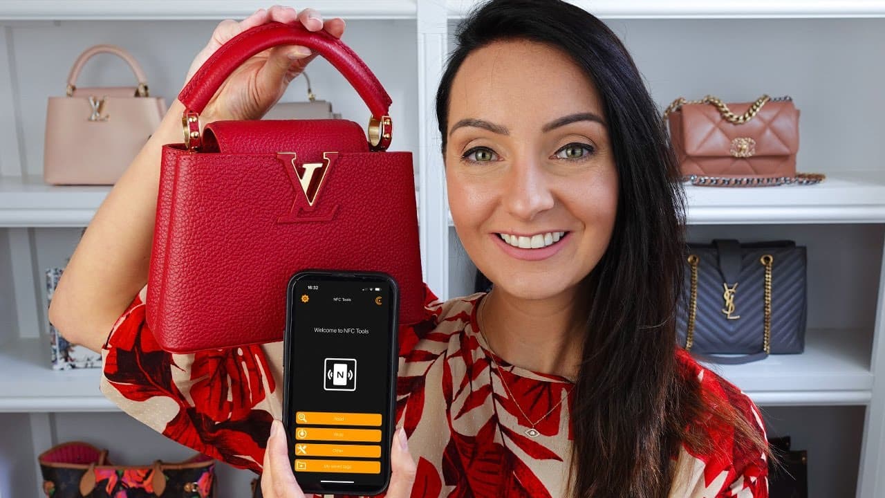 Scanning a Louis Vuitton Capucines bag with the NFC Tools app on Android — the app opens and prompts a Read to detect the embedded chip