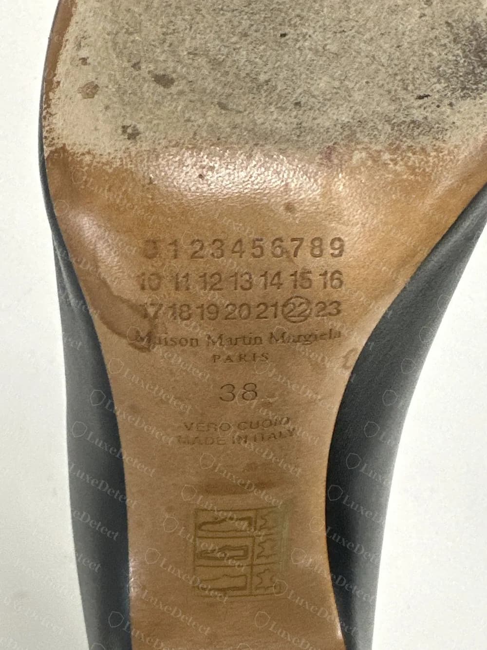Genuine older Maison Martin Margiela peep-toe mule sole, worn, with the number grid and 22 circled, Maison Martin Margiela PARIS beneath, size 38 and VERO CUOIO MADE IN ITALY