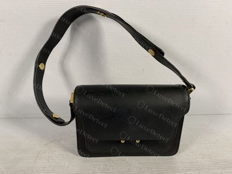 Genuine Marni Trunk shown from the front: the trapezoidal flap sits flush against the boxy body and the bag holds its square shape